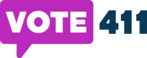 A purple speech bubble with the words vote 411.