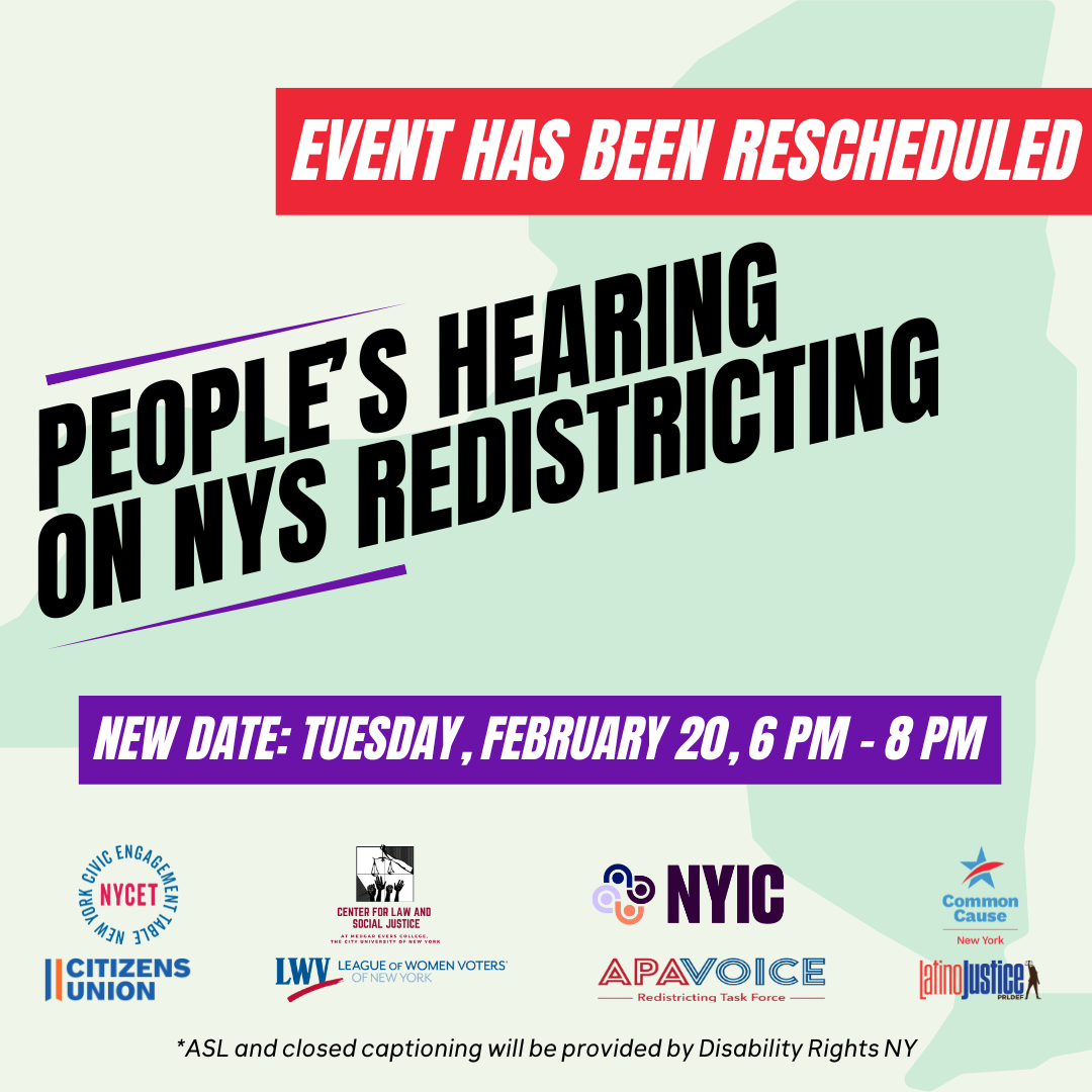 A graphic advertisind the People's Hearing on NYS Redistricting. The date and time of the event is February 20, from 6 PM to 8 PM.