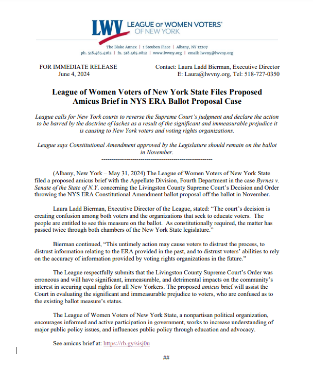 Press release from the League of Women Voters of New York State announcing the filing of an amicus brief in the NYS ERA Ballot Proposal case, dated June 4, 2024, authored by Laura Ladd Bierman.