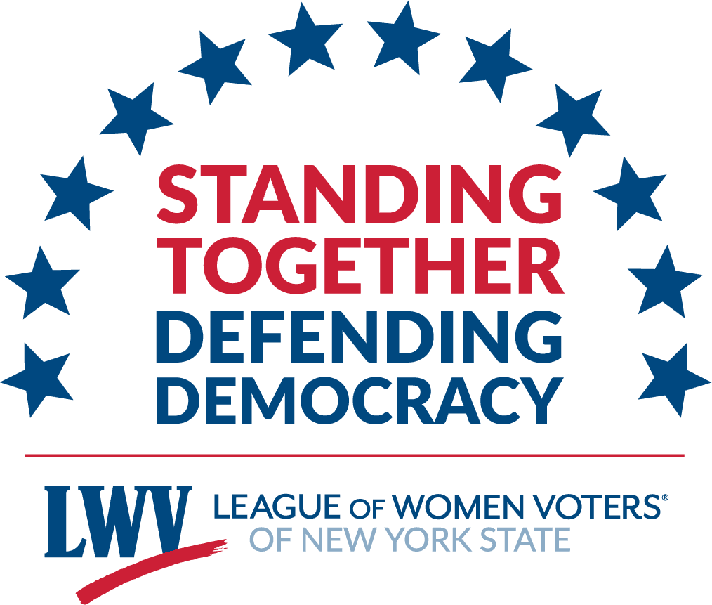 Logo for the League of Women Voters of New York State with the slogan "Standing Together Defending Democracy" surrounded by blue stars.