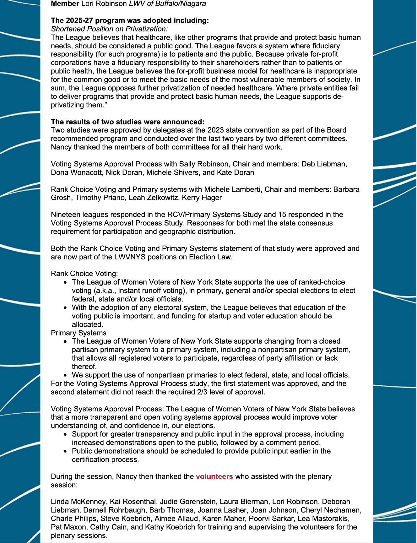 A document showing the League's positions on health care, privatization, voting systems, and various public policies, with headings, bullet points, and committee member names listed at the end.