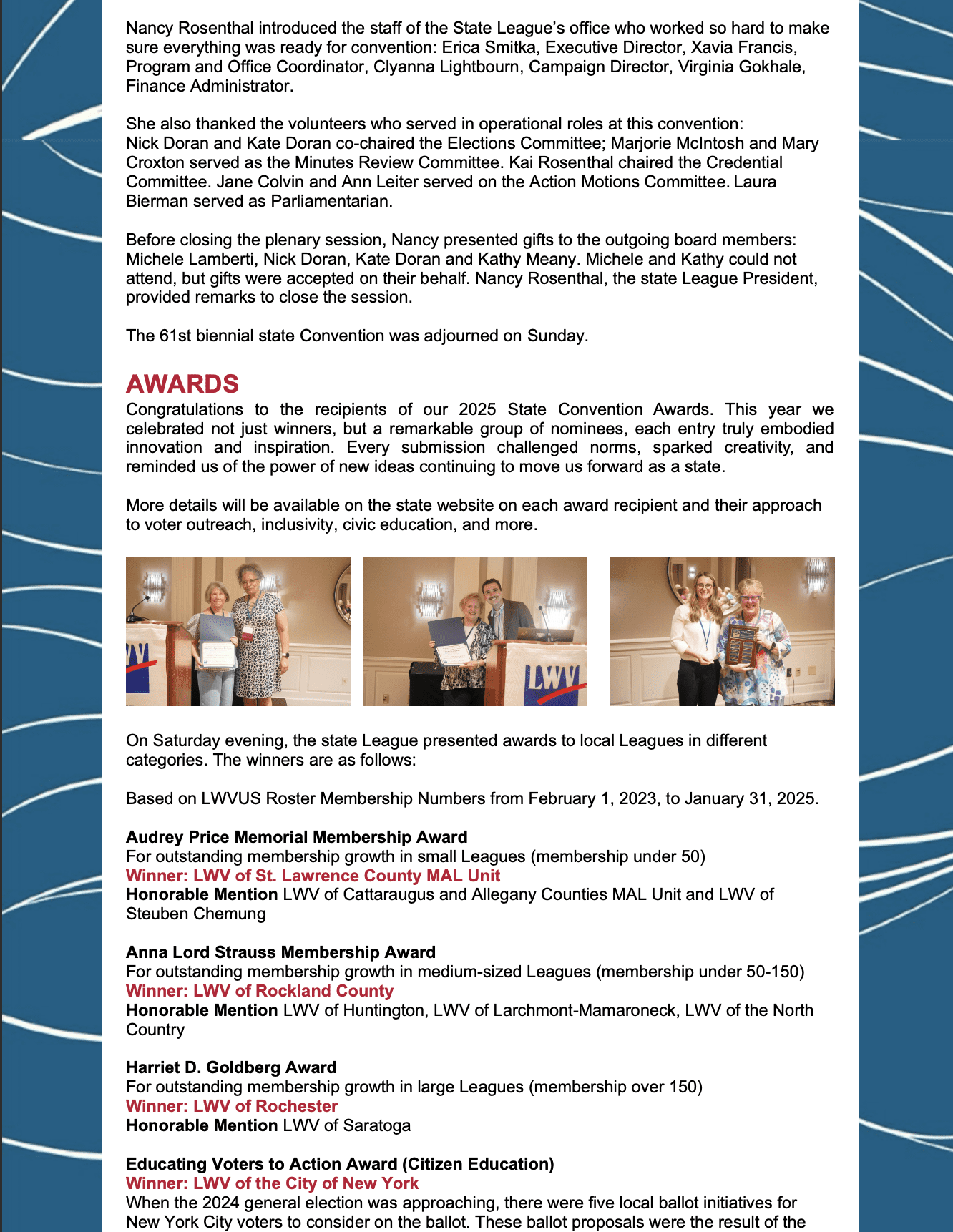 A section of a newsletter highlights State League officers, awards recipients, and an upcoming issue featuring candidate statements for upcoming elections.