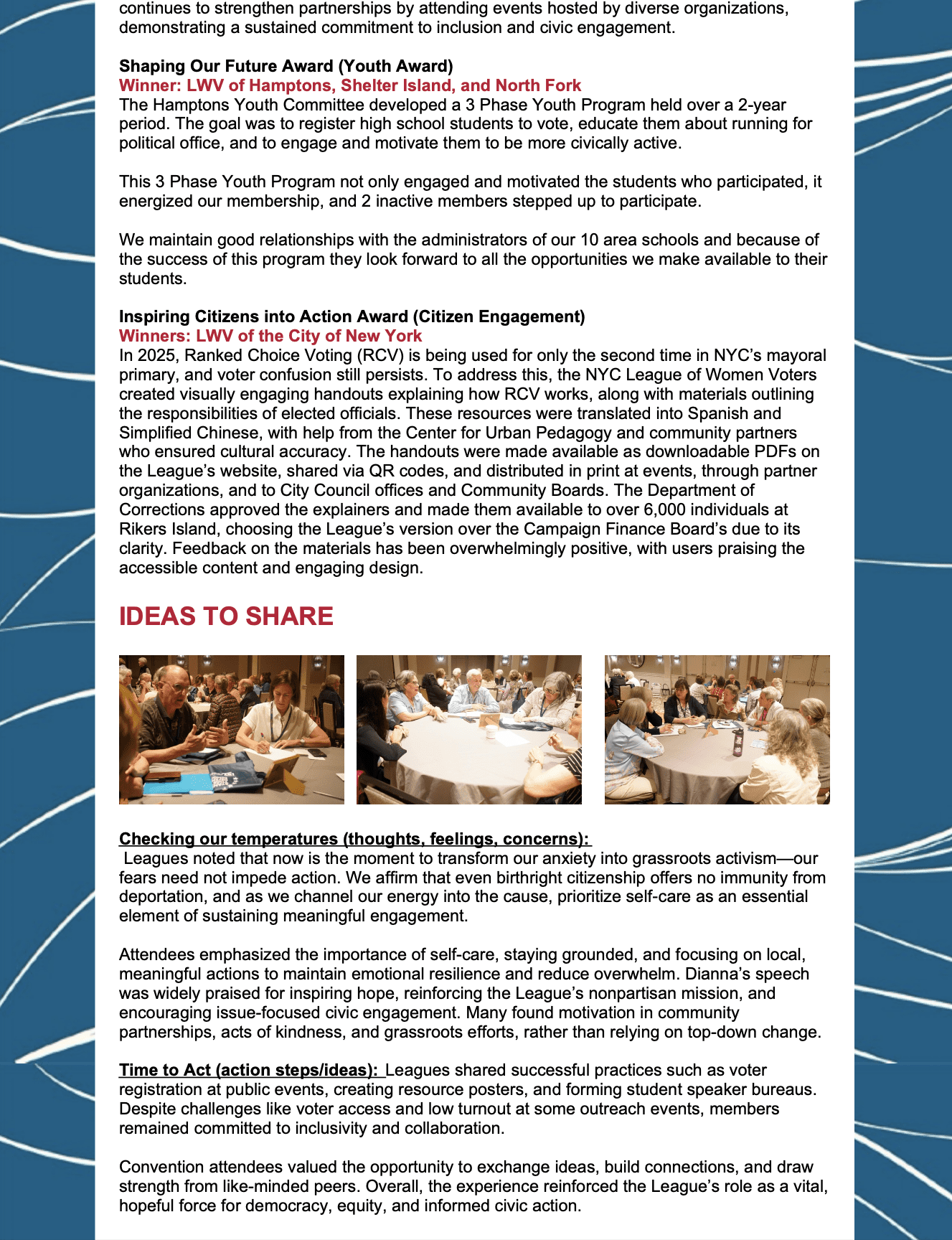 A page featuring descriptions of various League of Women Voters award-winning programs, highlighting youth engagement and civic education initiatives in New York.