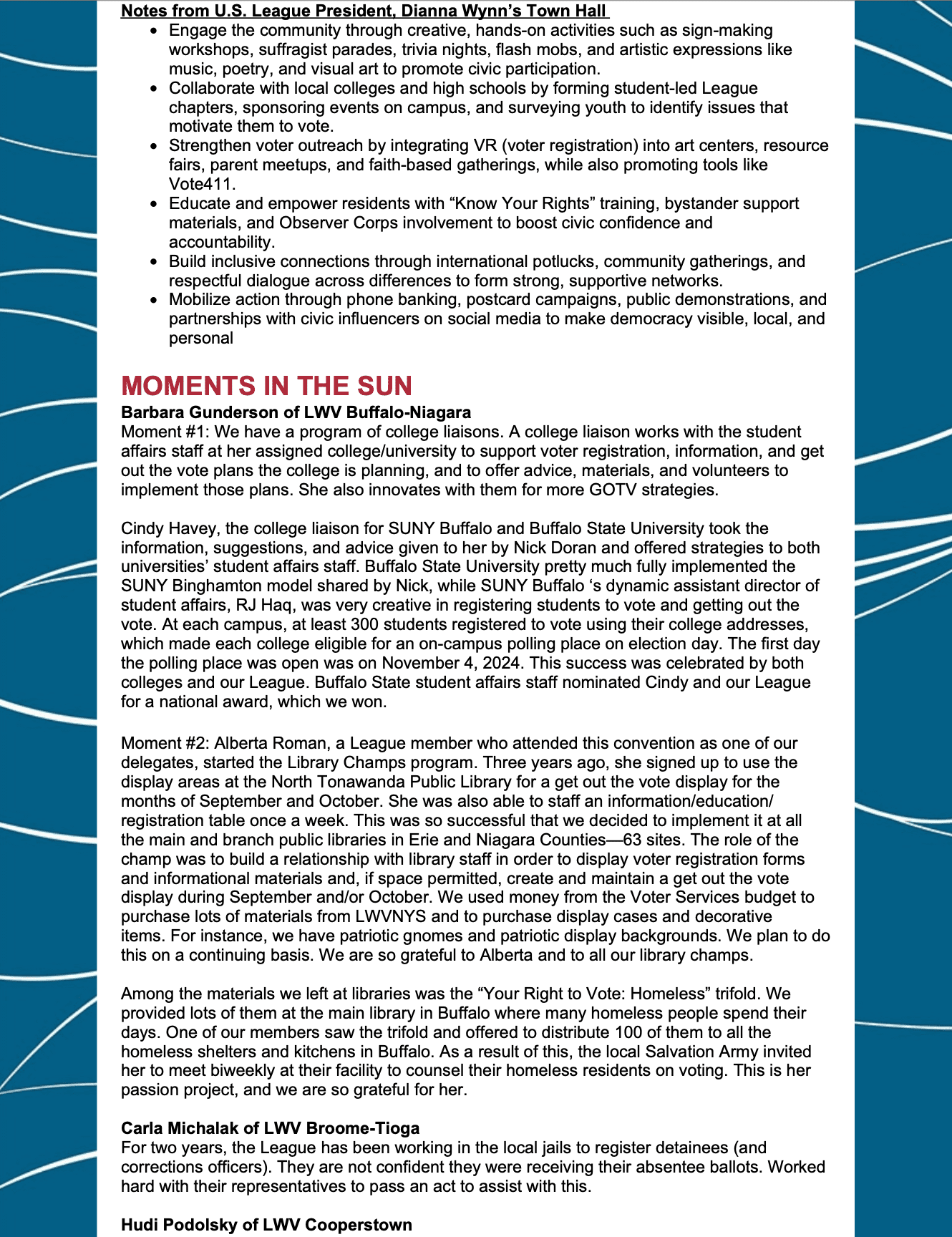 A page from a newsletter details strategies for youth civic participation and highlights Barbara Gunderson's involvement in a student media and literacy project.