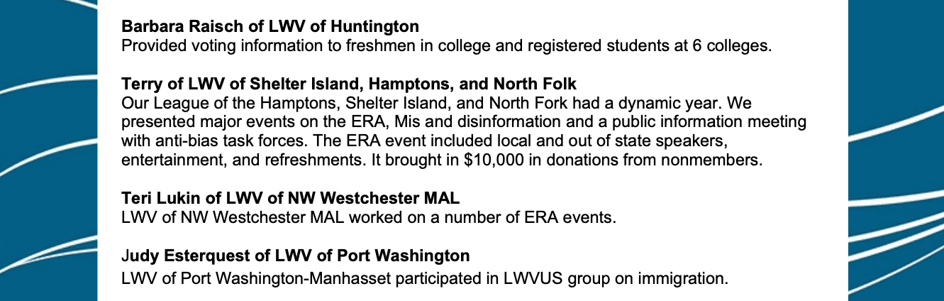 Text describing activities of various LWV chapters, including voter education, public events, ERA advocacy, fundraising, and participation in immigration discussions.